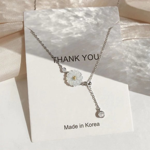 NEW 925 Silver Shell Daisy Diamond Drop Necklace - Picture 10 of 11